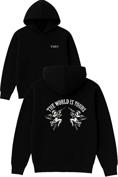 VSRN The World Design Τυπωμένο Φούτερ με Μαύρη Κουκούλα σε Μεγάλο Μέγεθος