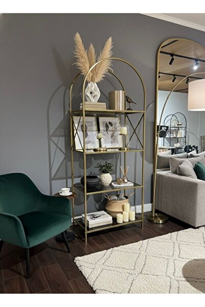 TodekHome Noble Metal Kitaplık Dekoratif Kemerli 4 Raflı Salon Ve Ofis Rafı 70x180 Cm