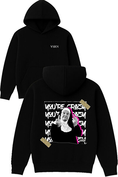 VSRN You Re Crazy Design Μπλούζα με στάμπα, μεγάλου μεγέθους, μαύρη, με κουκούλα