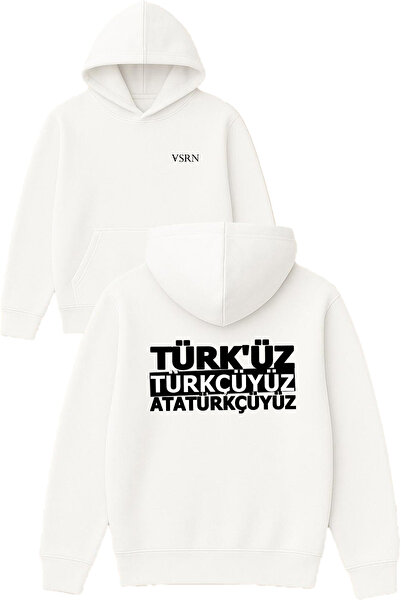 VSRN Hanorac alb supradimensionat cu glugă, imprimat cu design turcesc