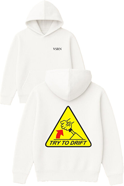 VSRN سترة تري تو دريفت ديزاين مطبوع قصة فضفاضة باللون الأبيض بغطاء رأس