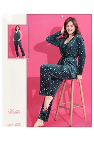 Modella Life طقم بيجامة من 3 قطع مع روب صباحي مزين بالدانتيل المخملي