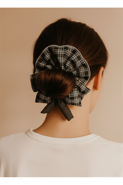 Pelin Aksesuar Black gray plaid patterned bow hair clip