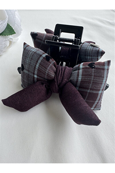 Pelin Aksesuar Burgundy Blue Plaid Patterned Fabric Covered Latch Buckle
