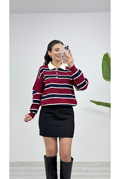 TUNAM BUTİK 3010 Striped Polo Neck Knitwear Sweater Burgundy