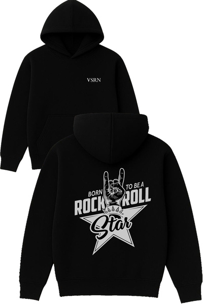 VSRN تصميم روك رول مطبوع قصة فضفاضة سويت شيرت أسود بغطاء رأس