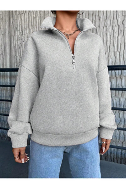 hibiscus 3 Thread Fleece-Lined Half-Zip Sweatshirt Gray