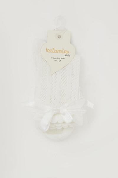 Katamino Girl's Mesh Socks with Bow Accessory on the Ankle, Age 7-8, Ecru