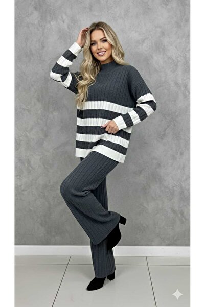 newmisal طقم بنطلون وبلوزة نسائية بياقة عالية وخطوط