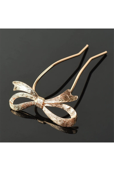 Pelin Aksesuar Gold-Colored Metal Bun Hair Clip with Bow Figure
