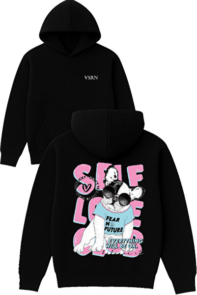 VSRN Hanorac negru supradimensionat cu glugă, cu imprimeu Self Love Design