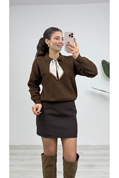 TUNAM BUTİK 3028 سترة تريكو مع وشاح بني