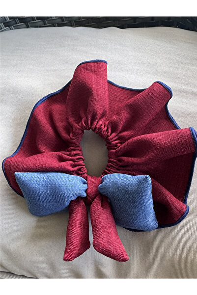 Pelin Aksesuar Țesătură burgundă și cataramă elastică cu fundă din denim alba...