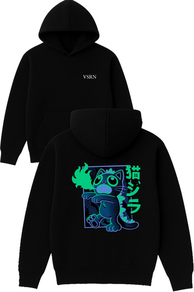 VSRN Hanorac negru supradimensionat cu glugă, cu imprimeu Zombie Cat Design