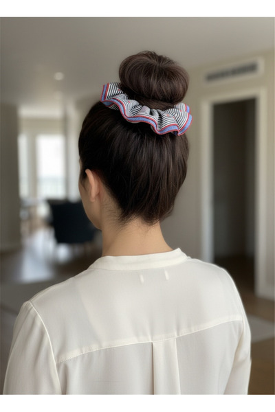 Pelin Aksesuar Blue Denim and Striped Patterned Ruffled Rubber Buckle