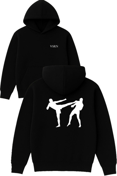 VSRN Hanorac negru supradimensionat cu glugă, cu imprimeu Fight Design