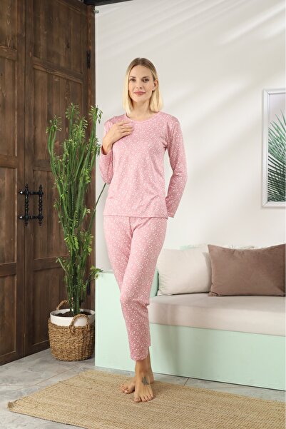 LİLA İÇ GİYİM Women's Long Sleeve Patterned Inside Fleece-Lined Sendy Pajama Set