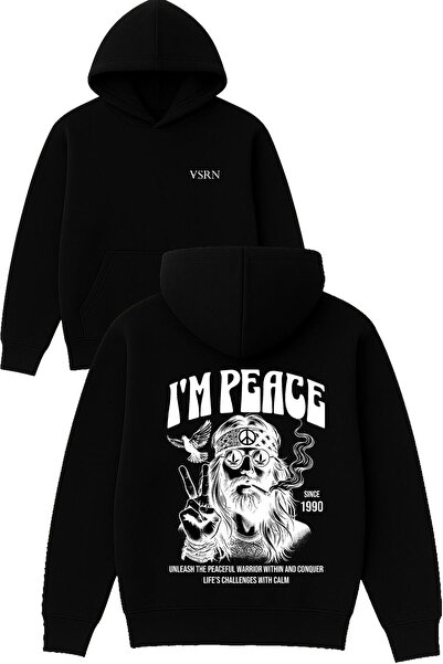 VSRN Hanorac negru supradimensionat cu glugă, imprimat cu design Im Peace
