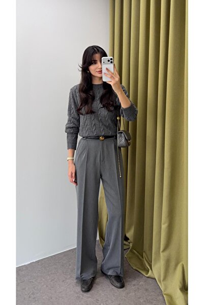HAZELANNA Gray Palazzo Fabric Trousers