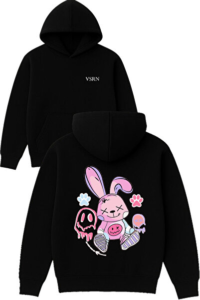 VSRN Hanorac negru supradimensionat cu glugă, imprimat cu design Happy Rabbit