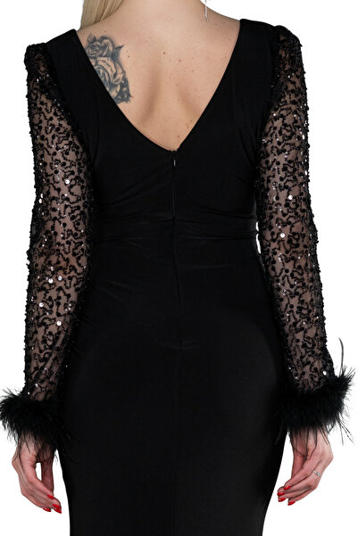 Arden Long Evening Dress, Double-Breasted V-Neck, Sequined Long Sleeve, Draped , Slit Fishtail Evening Dress, 38-44