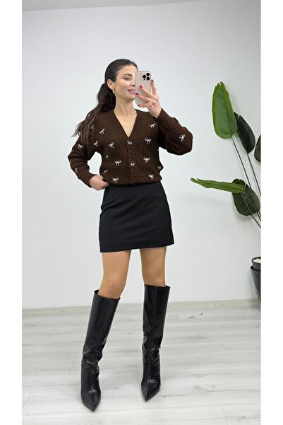 TUNAM BUTİK 2092 Bow Embroidery Detailed Knitwear Cardigan Brown