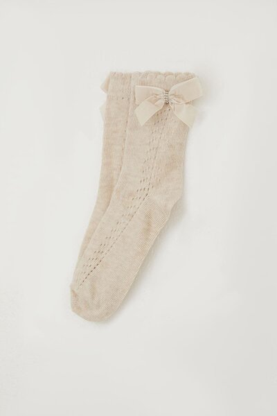 Katamino Κοριτσίστικες διχτυωτές κάλτσες με φιόγκο στον αστράγαλο και πέτρες, ηλικία 9-12 ετών, μπεζ μελανζέ