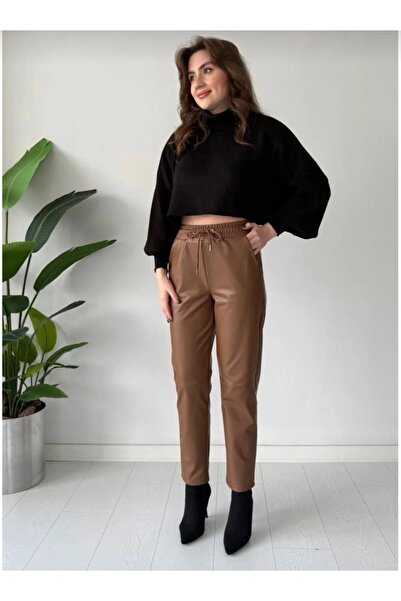 Floral Suni deri şardonlu likralı jogger pantolon