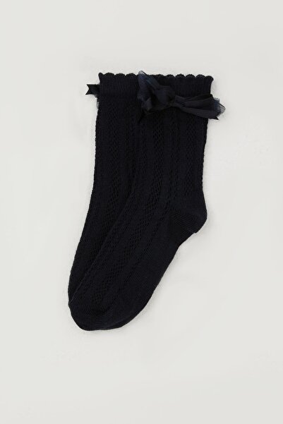 Katamino Girl's Mesh Socks with Bow Accessory on the Ankle, Age 7-8, Navy Blue