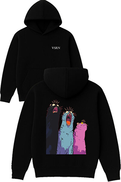 VSRN Hanorac negru supradimensionat cu glugă, cu imprimeu Scared Cats Design