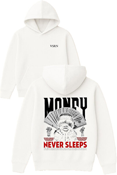 VSRN Money Never Sleeps Σχέδιο με στάμπα Oversize Λευκό Φούτερ με Κουκούλα