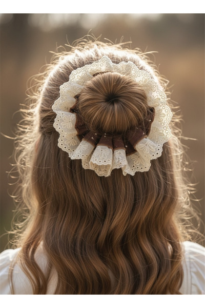 Pelin Aksesuar Brown Polka Dot and Lace Trim Rubber Buckle