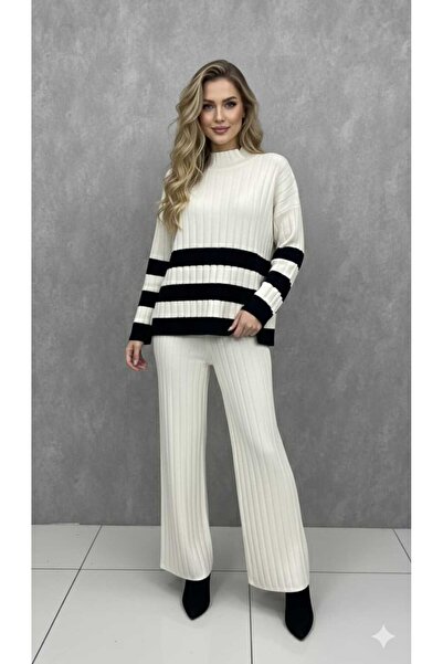newmisal Women's Striped Stand-Up Collar Tunic Pants Set