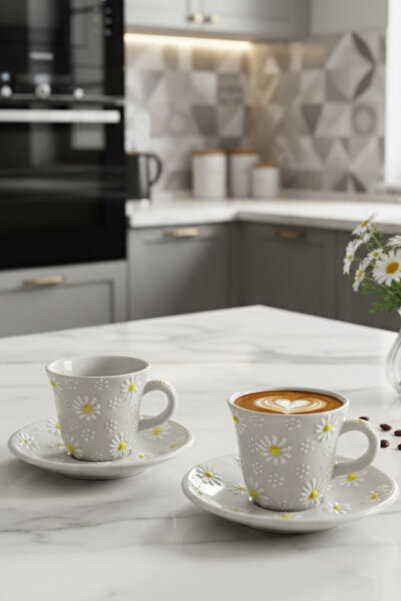 Janset طقم فناجين قهوة مكون من قطعتين بتصميم زهرة الأقحوان مصنوع يدويًا من كوتاهيا