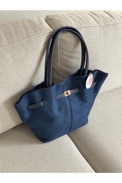 BAGLOVİS Navy Blue Suede Women's Shoulder Bag with Lock Detail on the Front En40 Boy25
