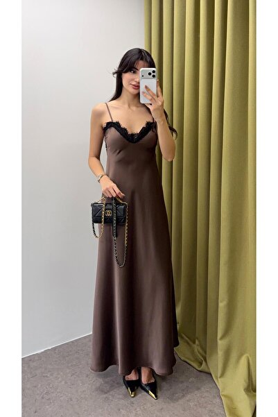 HAZELANNA Kahverengi Dantelli Saten Elbise
