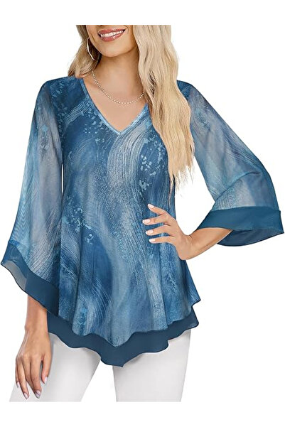 OEM Women's loose summer T-shirt, 2 layers, 3/4 sleeves, blue 2XL