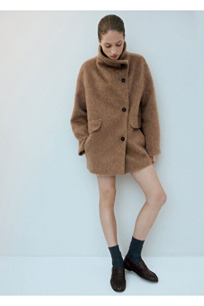 MANGO Woman Yün karışımlı huni yaka palto