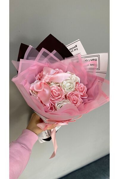 Buketim Seninle باقة من 11 وردة لا تذبل مع شريط وردي وأبيض، زهرة ساتان، هدية ...