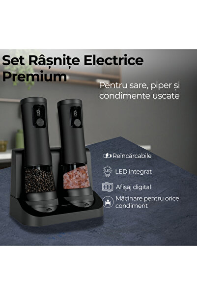 JUSTNET Set de 2 râșnițe electrice pentru sare, piper și condimente, iluminare LED și afișaj digital