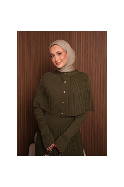 MAMAYAGA Γυναικείο μακρυμάνικο σχέδιο με κολάρο σάλι, κατάλληλο για χιτζάμπ, με λεπτομέρεια με κουμπιά παντσό, πλεκτό, κομψό μάξι μακρύ φόρεμα