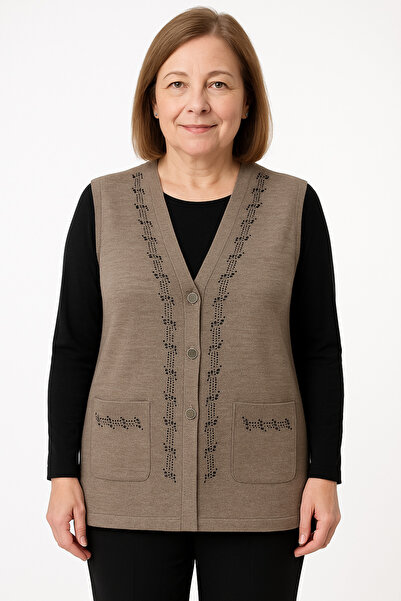 Mutlu City Γυναικείο πλεκτό γιλέκο με κεντημένη πέτρα, στενό ύφανση, για μεσήλικες και ηλικιωμένες 1195