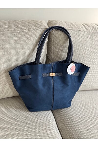 BAGLOVİS Navy Blue Suede Women's Shoulder Bag with Lock Detail on the Front En40 Boy25
