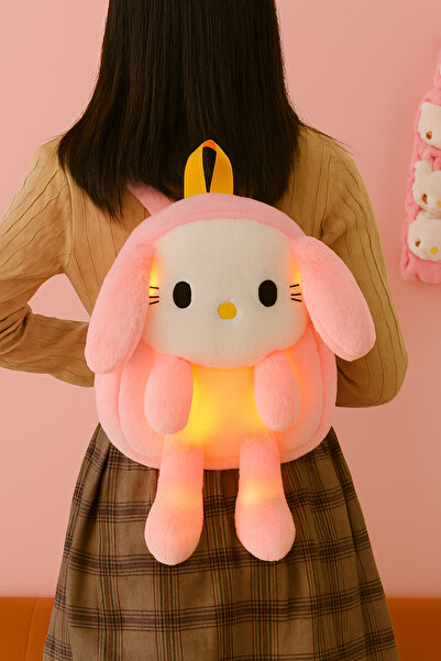 Livava Kedicik Peluş Çanta Çocuk Fermuarlı Işıklı Ayarlanabilir Askılı Sırt Çantası, Pembe, 40x25 cm