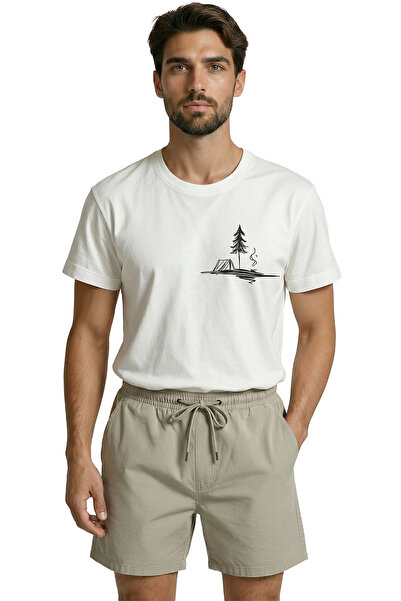 Color Luxe Minimalist Camping Tent and Tree Sketch Printed Premium Men's T-Shirt