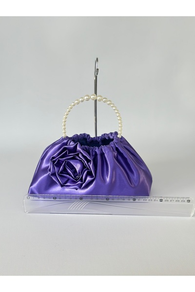 posst bag Geantă de mână pentru rochie de seară din satin mov cu trandafiri și perle