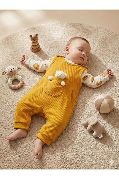 MUBA KIDS %100 Pamuk Ayıcık Oyuncaklı Hardal Sarısı Salopet Tulum Seti - İç Ç...