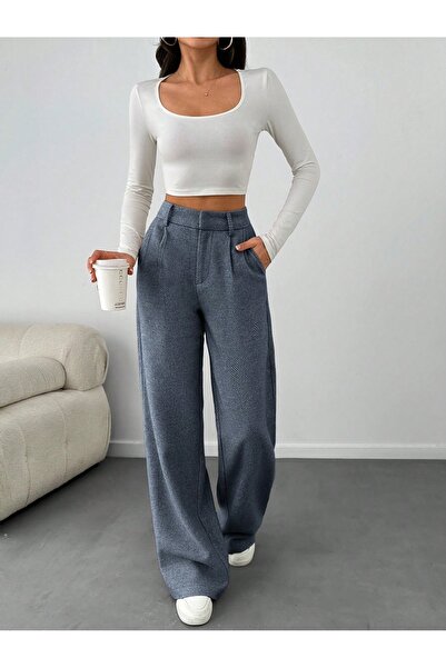 ROAVA Kadın Yüksek Bel Geniş Paça palazzo Balık Sırtı Pantolon Lacivert