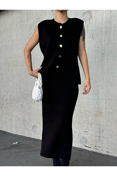 Cistern İstanbul Women's Button Detailed Knitwear Skirt Suit