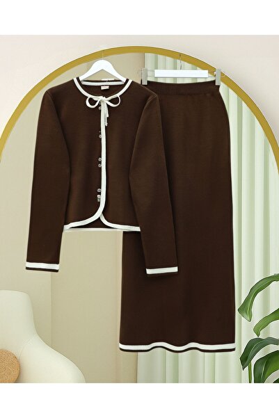 Modamorfo Lace Detailed Striped Buttoned Skirt Knitwear Set - Brown